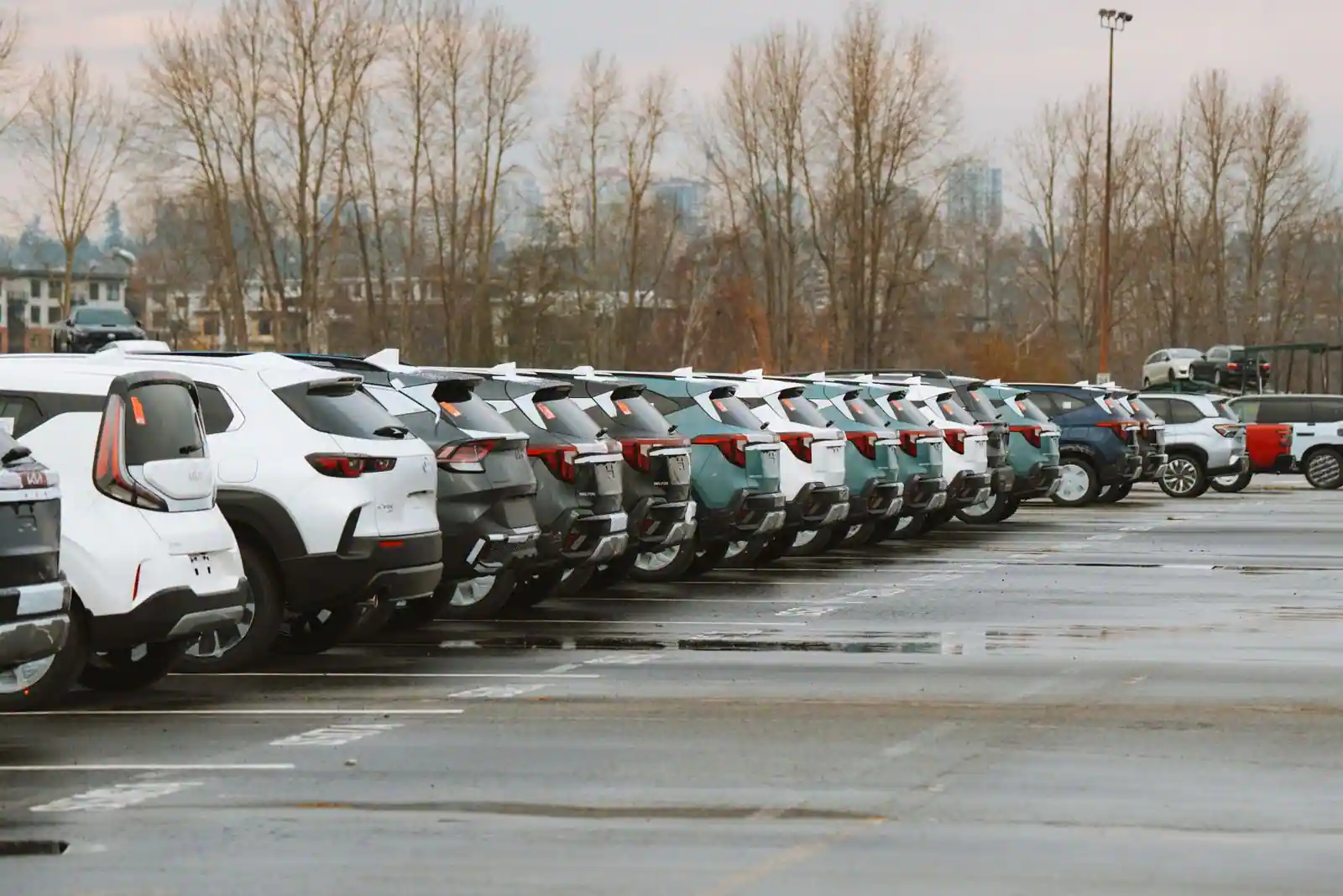 Rangée de voitures de tourisme alignées sur un parking extérieur par temps gris.