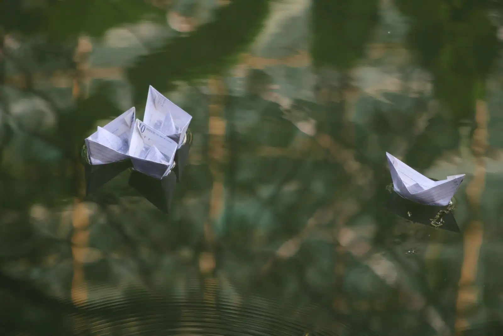 Bateaux en papier plié flottant sur une eau calme aux reflets de feuillage vert.