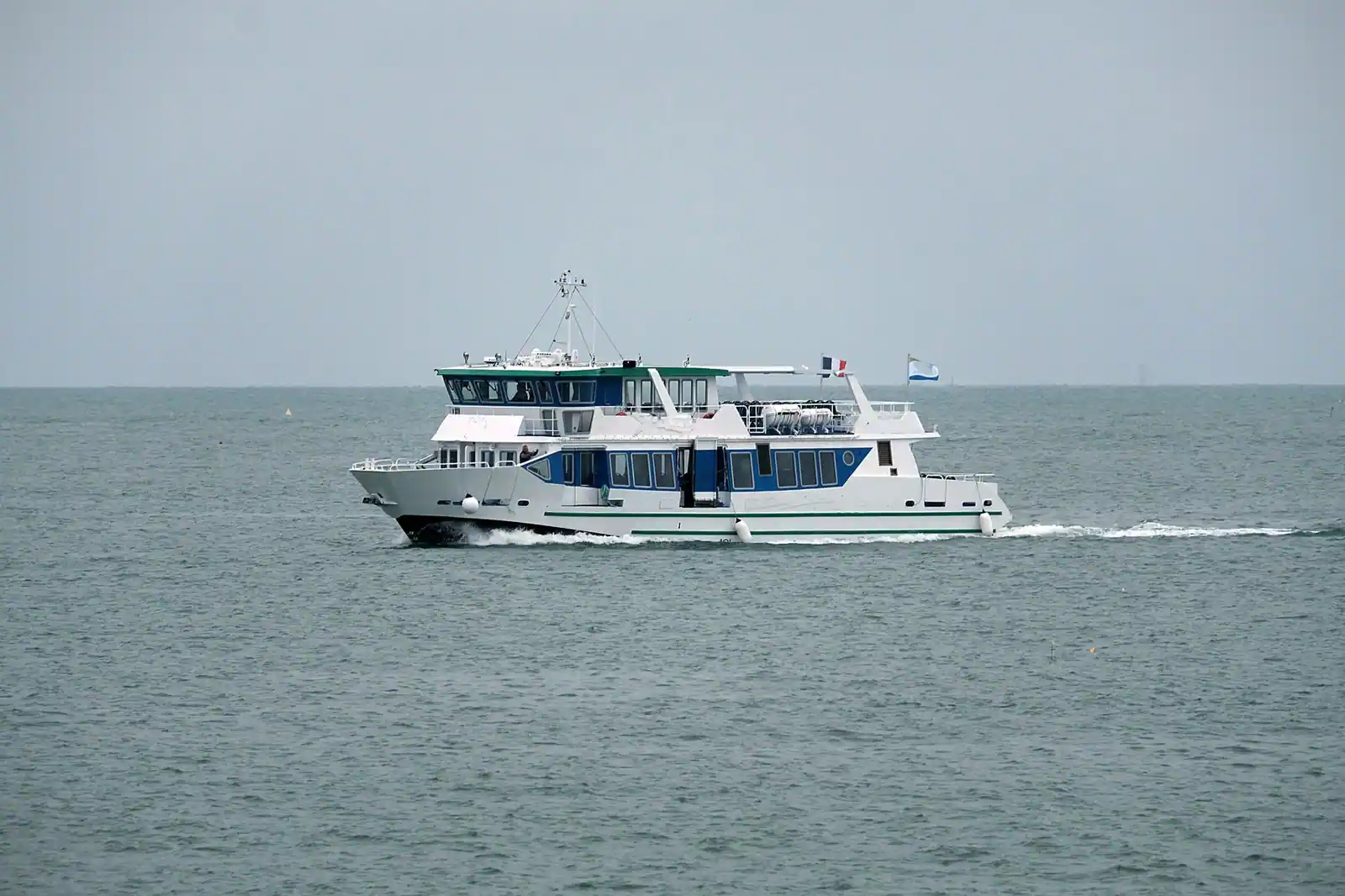 Petit ferry de passagers blanc et bleu naviguant en mer côtière sous un ciel couvert.