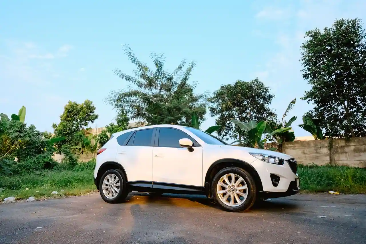 SUV compact blanc stationné au bord d'une route arborée, sous un ciel dégagé en plein jour