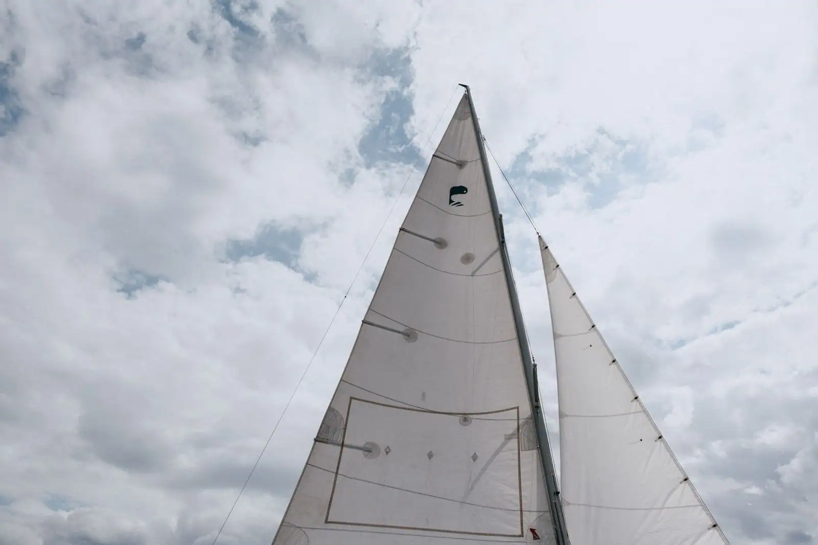 Voiles blanches d'un voilier dressées vers un ciel nuageux, vues depuis le pont.