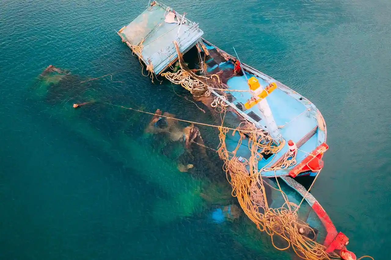 Bateau de pêche à demi immergé, le pont passé sous l'eau et les cordages flottant en surface